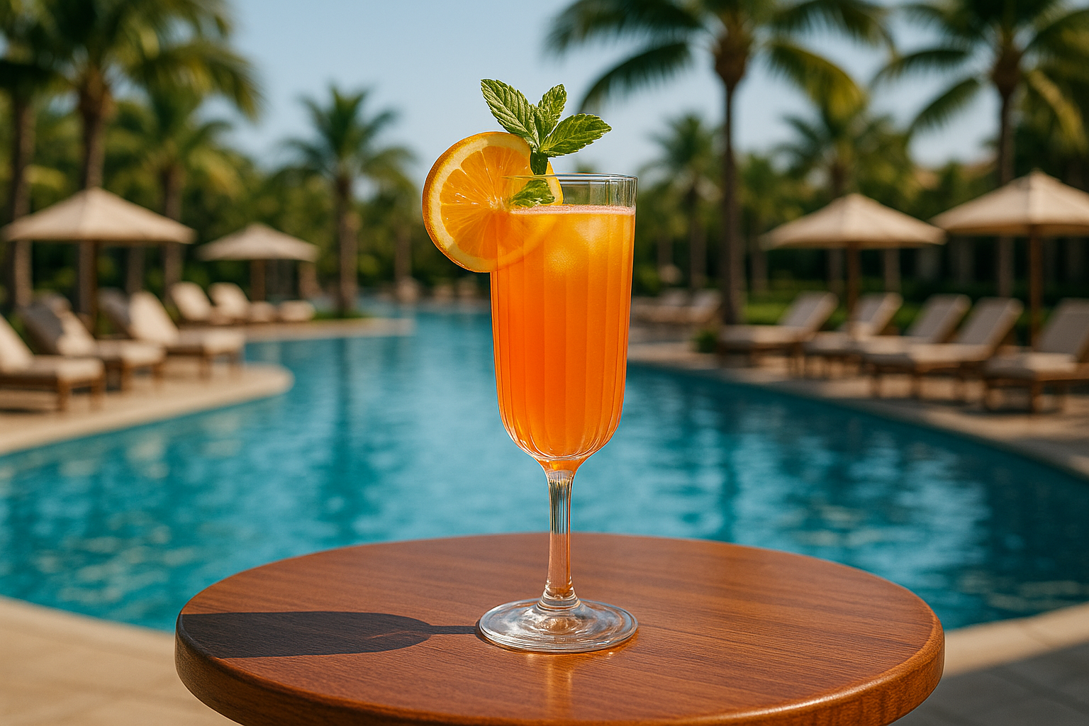 Orange cocktail with a slice of lemon and mint leaf on a wooden table by a poolside with palm trees in the background.