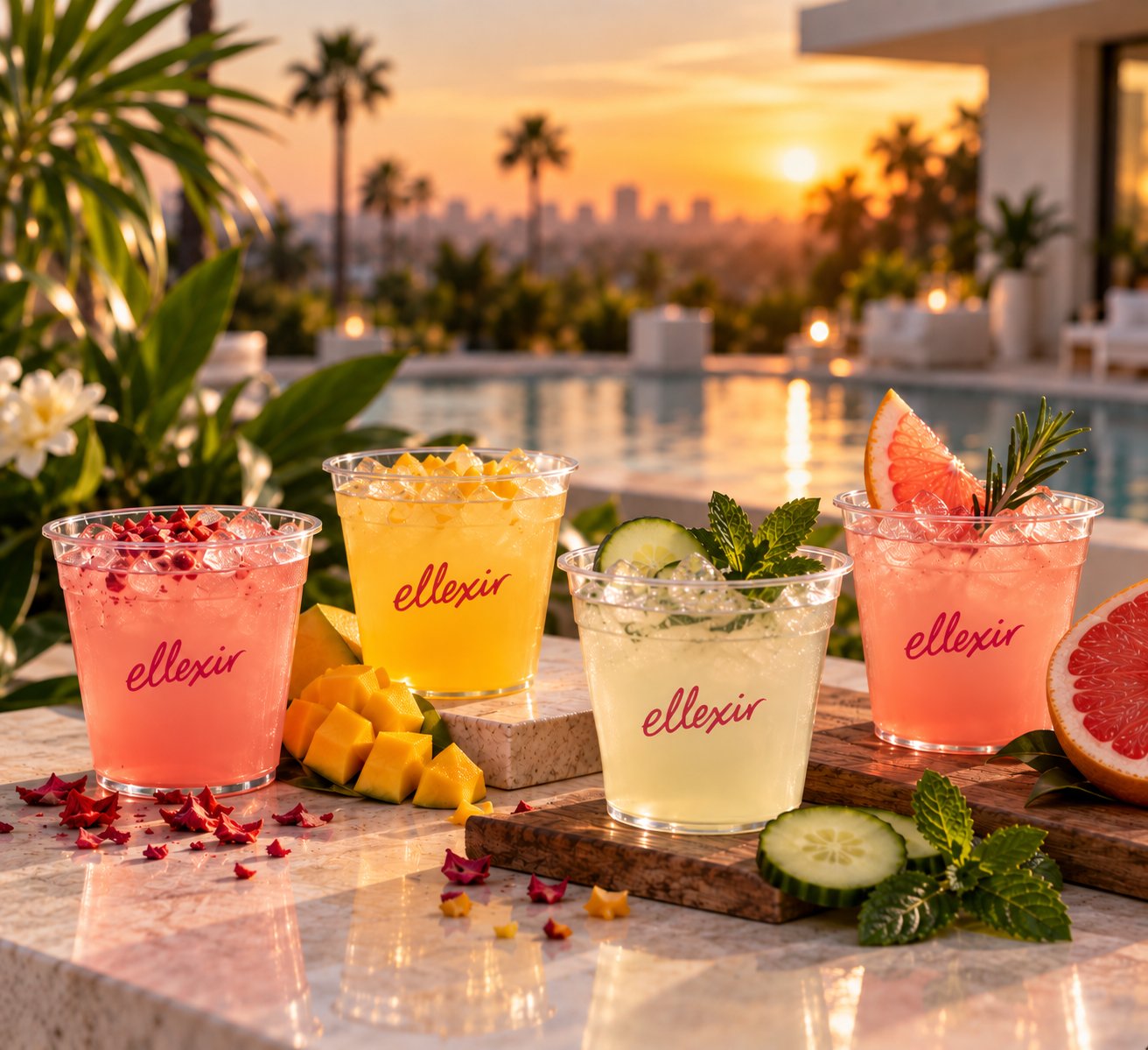 Four Ellexir signature refreshers garnished with fresh fruit and herbs